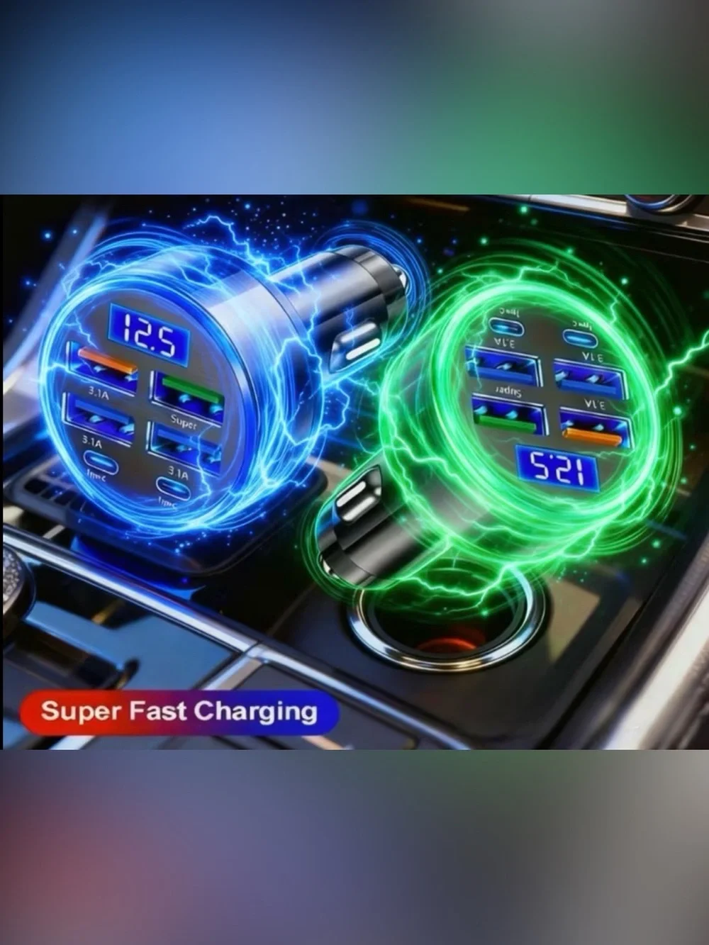 Car USB Charger with Fast Charging 6-Port Black Digital Display Multiple Devices